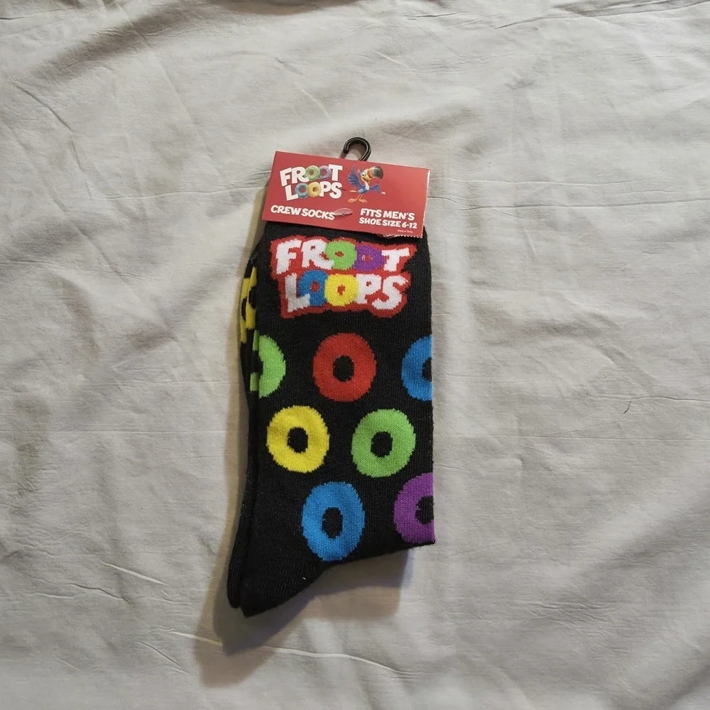 Novelty 4/$25 Sock Bundle Fruit Loop Cereal Socks Black with Unisex SIze 6-12